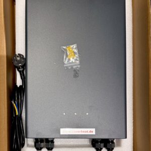 Nano-Heat Transformator 1200 W in der Verpackung – Draufsicht auf Gehäuse, Anschlussleitung und Sicherungen